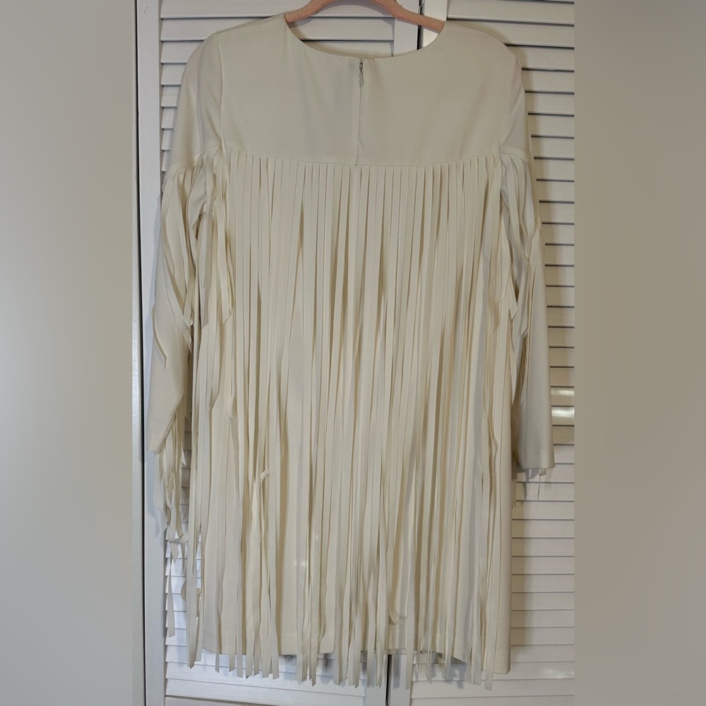 Kensie Off-White Midi Dress With Fringe Detail on sleeves and back of dress